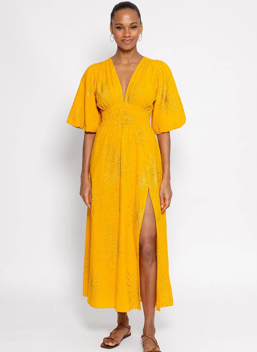 AURELIE - Vestido largo con cuello de pico de algodón metalizado en naranja