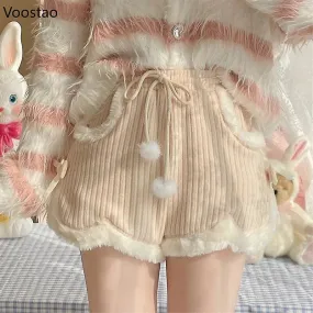 Autumn Winter Japanese Lolita Plush Shorts Casual Women Sweet Bow Short Pants Female Elegant Y2k Elastic Waist Wide Leg Shorts G