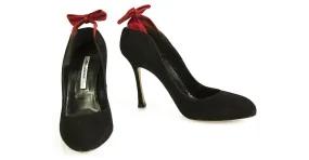 Brian Atwood Black Suede Red Satin Bow Classic Pumps Tacones Zapatos - Tamaño 40 Negro 