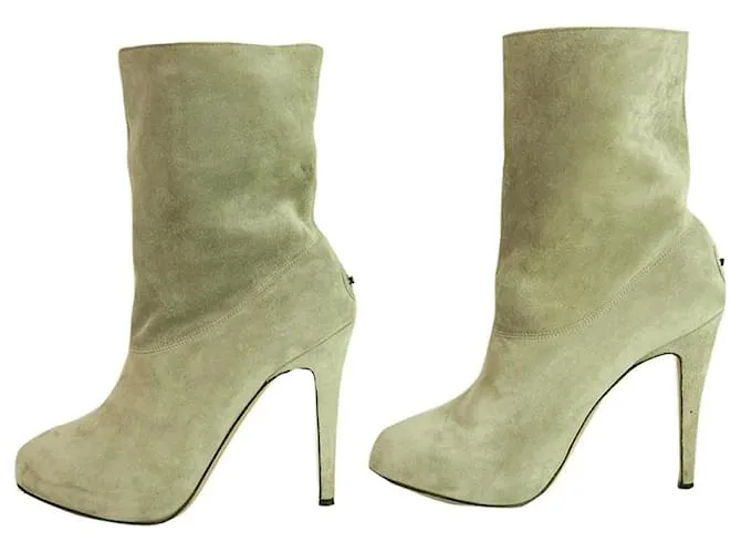 Brian Atwood Botines de piel de gamuza gris Pull On Becerro Botines Botas Tacones Tamaño de zapatos 37 