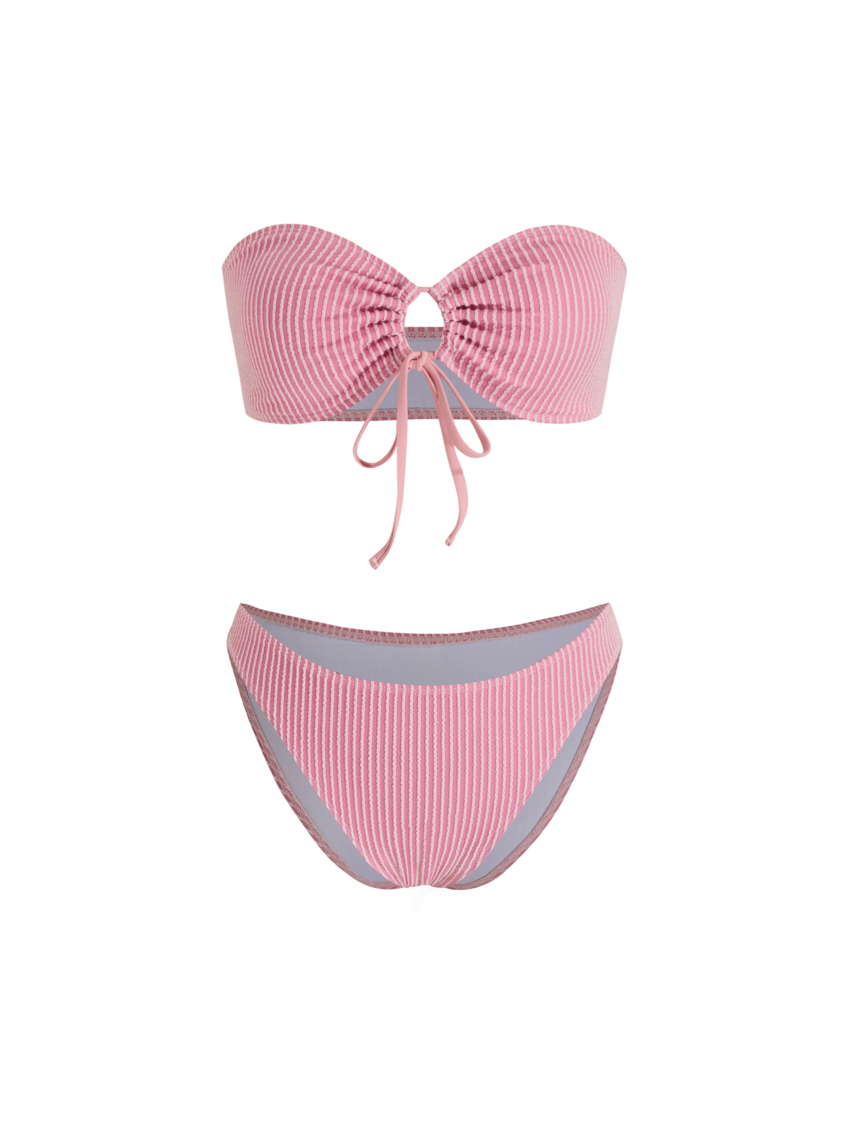Conjunto de Bikini Bandeau a Rayas con Nudo y Anilla de Cobertura Completa