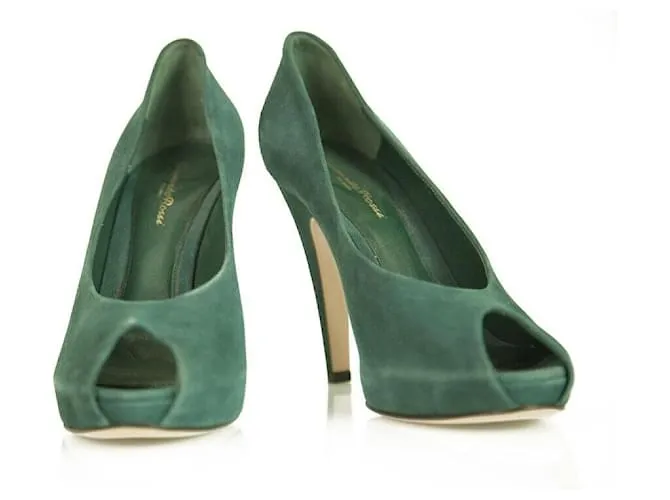 Gianvito Rossi Zapatos de tacones altos de gamuza verde azulado con punta abierta Zapatos de tacones altos delgados sz 41 Verde 