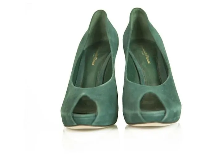 Gianvito Rossi Zapatos de tacones altos de gamuza verde azulado con punta abierta Zapatos de tacones altos delgados sz 41 Verde 