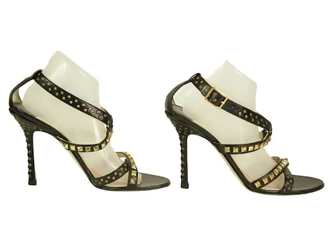 Jimmy Choo Inga Tachuelas de cuero negro Ojales Sandalias de tiras Tacones talla de zapatos 40 