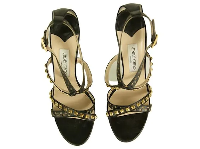 Jimmy Choo Inga Tachuelas de cuero negro Ojales Sandalias de tiras Tacones talla de zapatos 40 