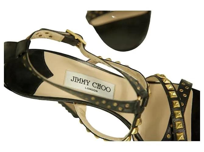 Jimmy Choo Inga Tachuelas de cuero negro Ojales Sandalias de tiras Tacones talla de zapatos 40 