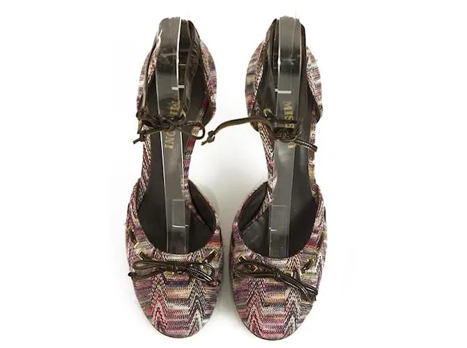 Missoni Purple Hues Fabric Brown Charol Correa de tobillo Tacones zapatos de bombas 37 Multicolor 