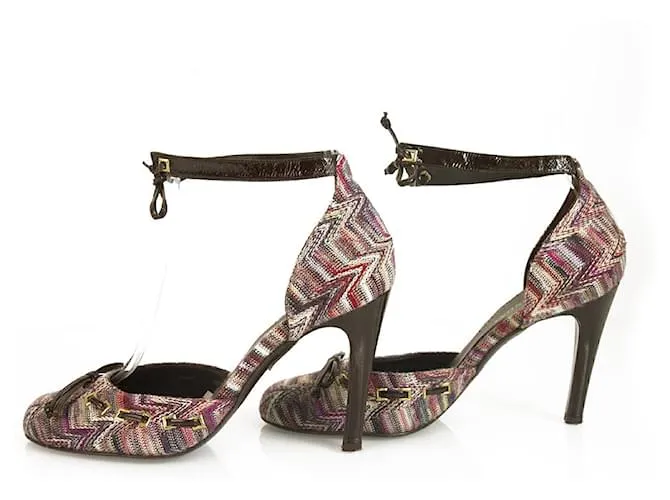 Missoni Purple Hues Fabric Brown Charol Correa de tobillo Tacones zapatos de bombas 37 Multicolor 