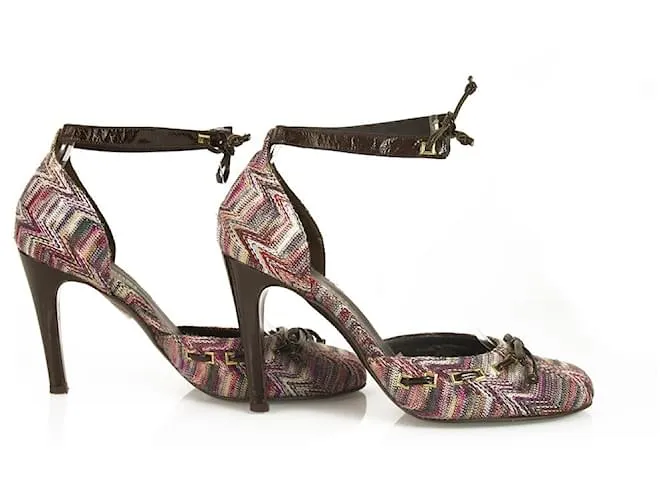 Missoni Purple Hues Fabric Brown Charol Correa de tobillo Tacones zapatos de bombas 37 Multicolor 