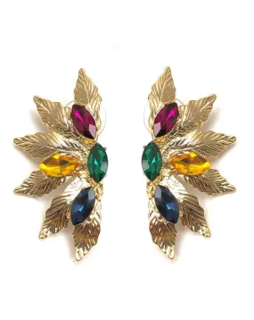 PENDIENTES DE FIESTA DE ABANICO DORADO CON CRISTAL COLORIDO