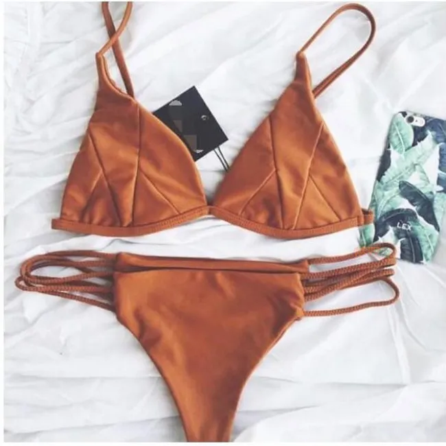 Sexy Brown Patch Split Bikini Bandage Swimsuit 