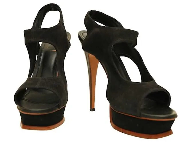 Yves Saint Laurent YSL Sandalias de ante negro plataforma Slingback Tacones talla 40 