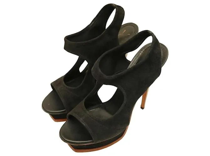 Yves Saint Laurent YSL Sandalias de ante negro plataforma Slingback Tacones talla 40 