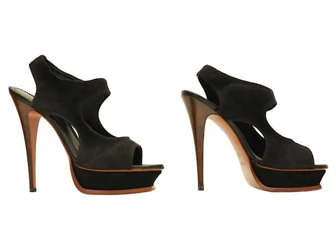 Yves Saint Laurent YSL Sandalias de ante negro plataforma Slingback Tacones talla 40 