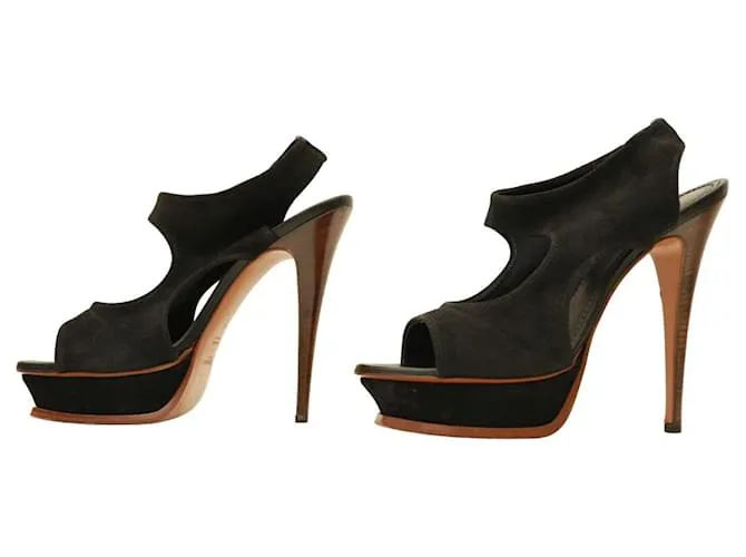 Yves Saint Laurent YSL Sandalias de ante negro plataforma Slingback Tacones talla 40 